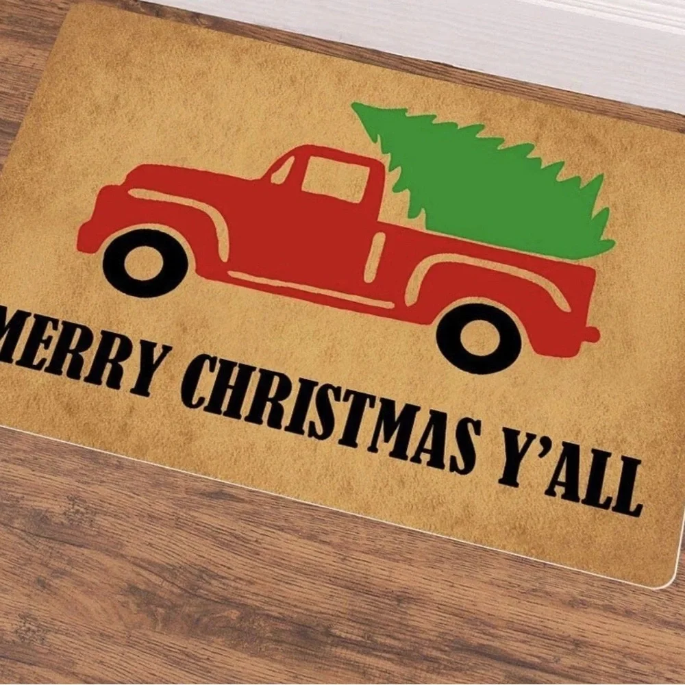 Merry Christmas Y’all Truck Fabric Top Washable Door Mat 23x15 XMAS New